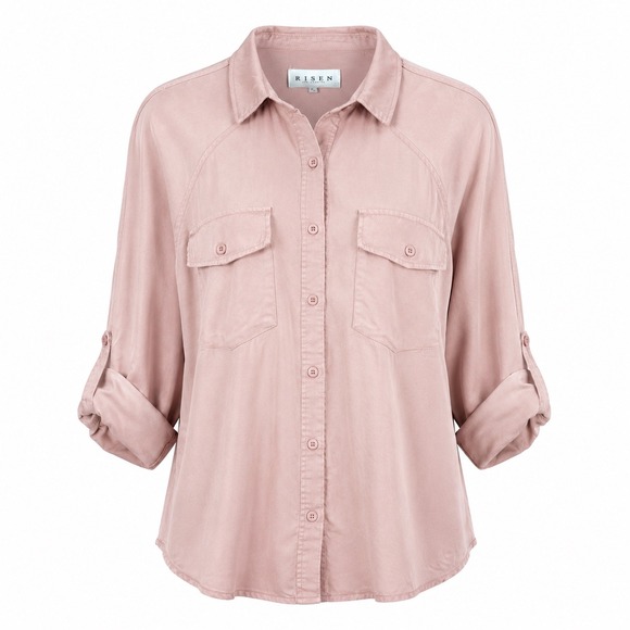 Risen Tops - Risen Womens M Tencel Button Up Soft Pink Pocket Shirt Boho Casual Shacket Soft